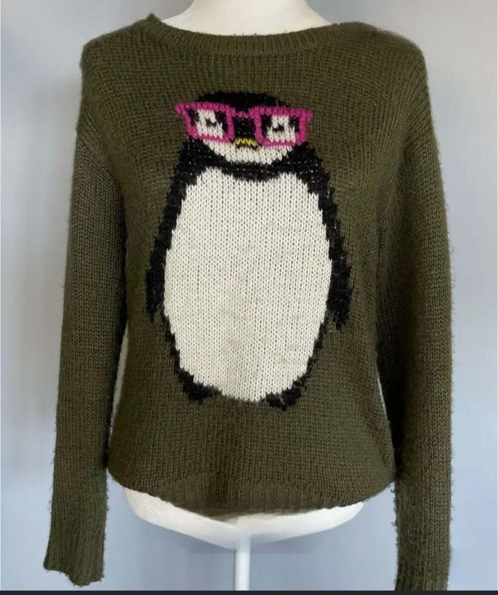 Rewind Army Green Penguin wearing glasses Sweater, M